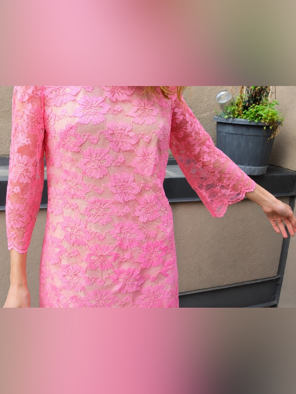 Vintage 60s Hot Pink Floral Lace Shift Mini Dress Sheer Bell Sleeve Slip XS / S - Picture 4 of 17